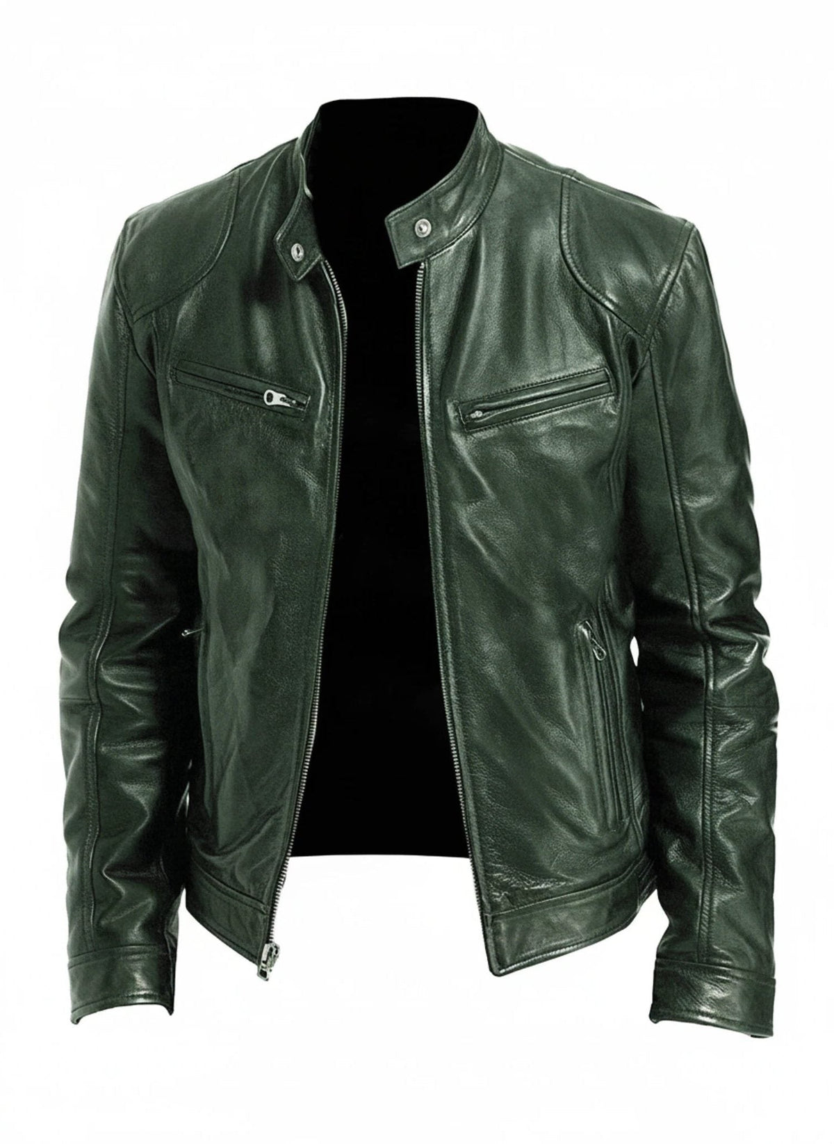 Slim Fit Leather Racer Jacket with Stand Collar for Men