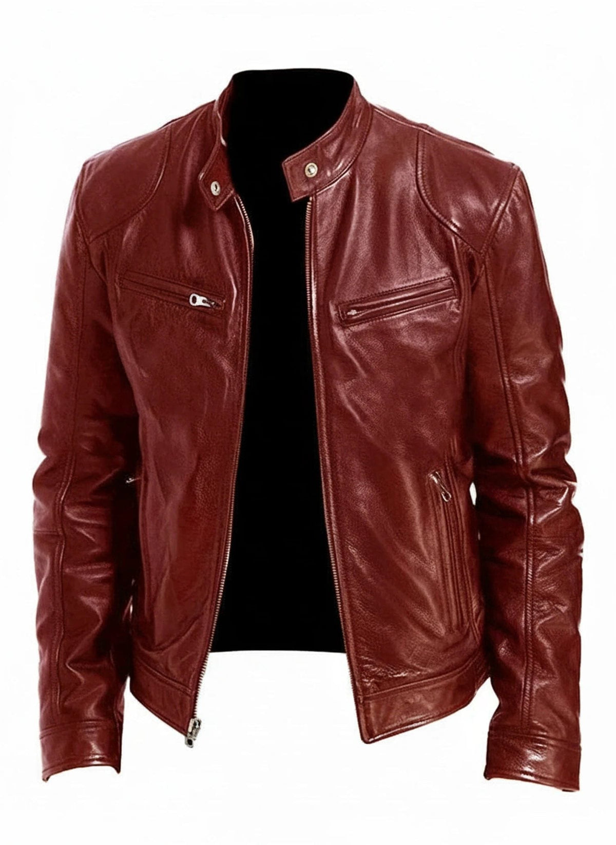 Slim Fit Leather Racer Jacket with Stand Collar for Men