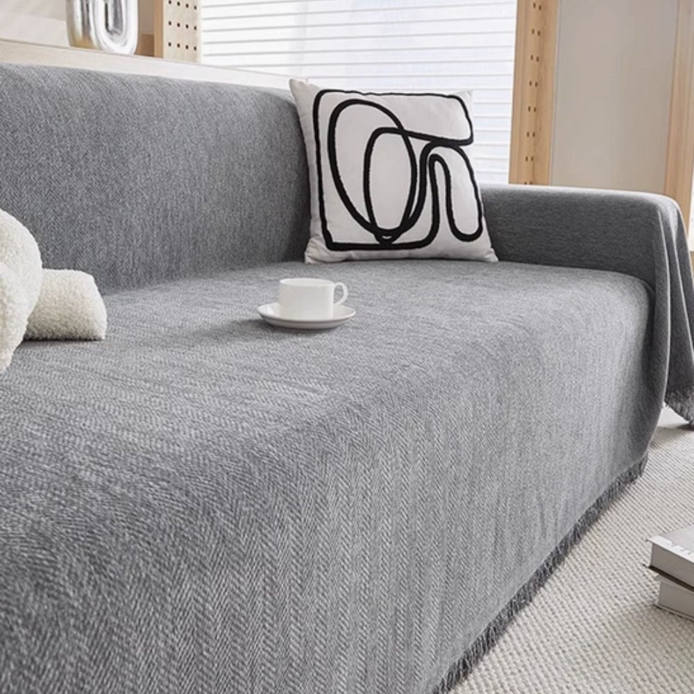 Sofa Couch Cover Throw with Woven Herringbone Chenille and Fringe