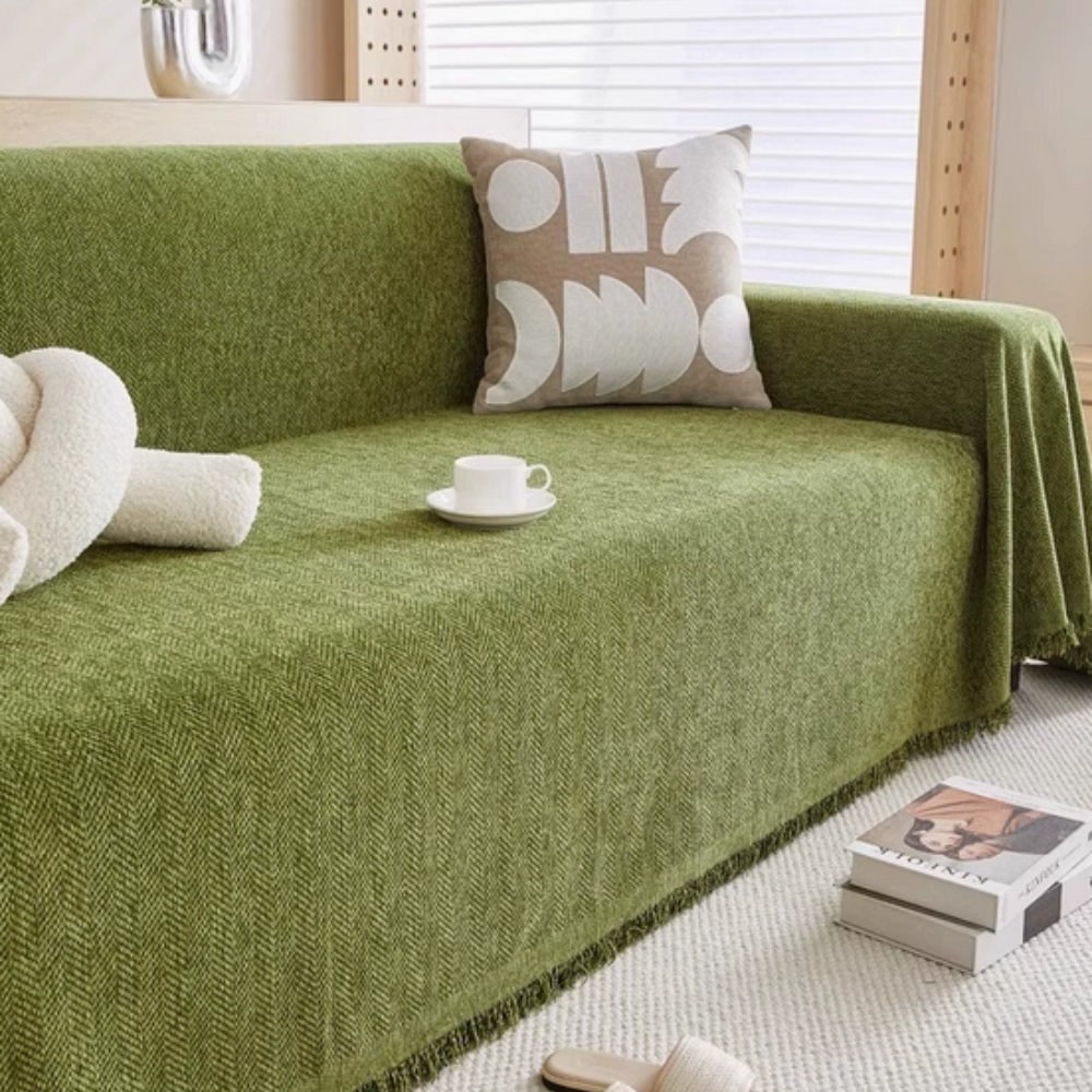 Sofa Couch Cover Throw with Woven Herringbone Chenille and Fringe