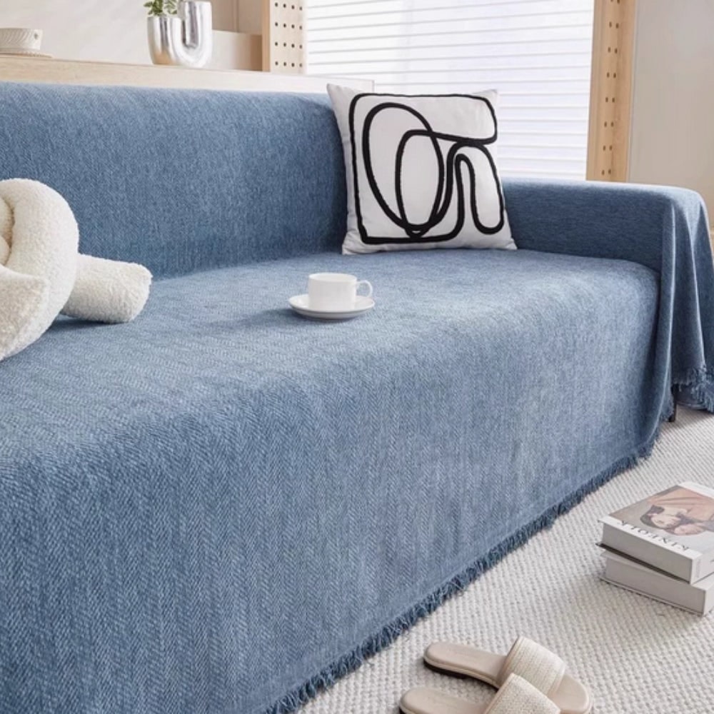 Sofa Couch Cover Throw with Woven Herringbone Chenille and Fringe