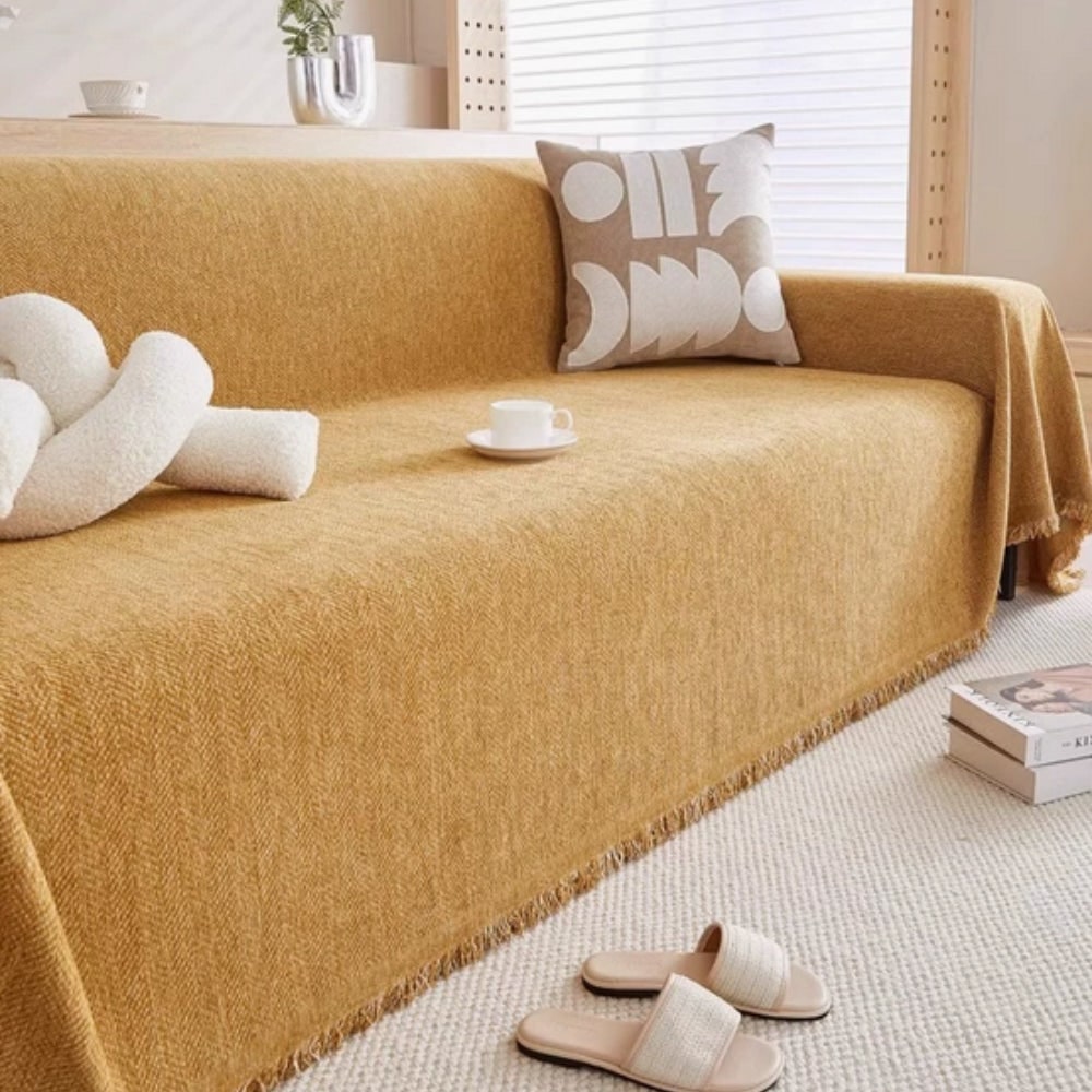 Sofa Couch Cover Throw with Woven Herringbone Chenille and Fringe