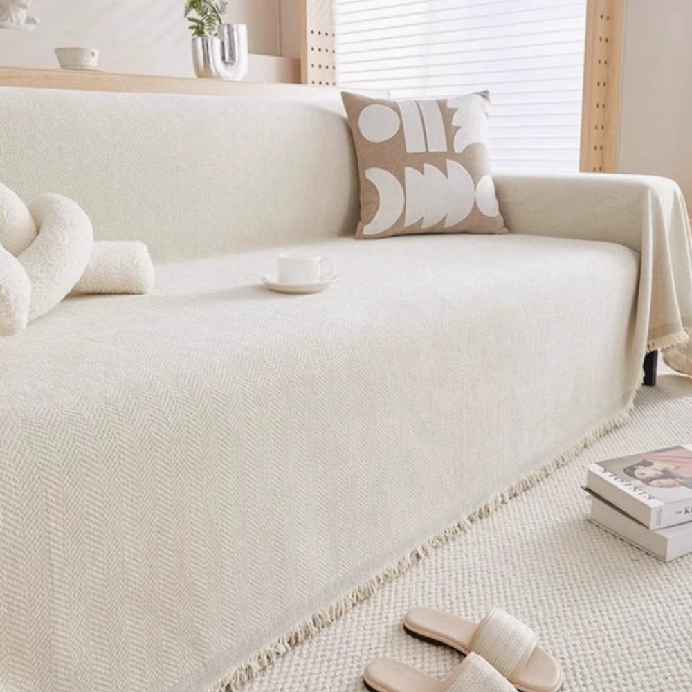 Sofa Couch Cover Throw with Woven Herringbone Chenille and Fringe