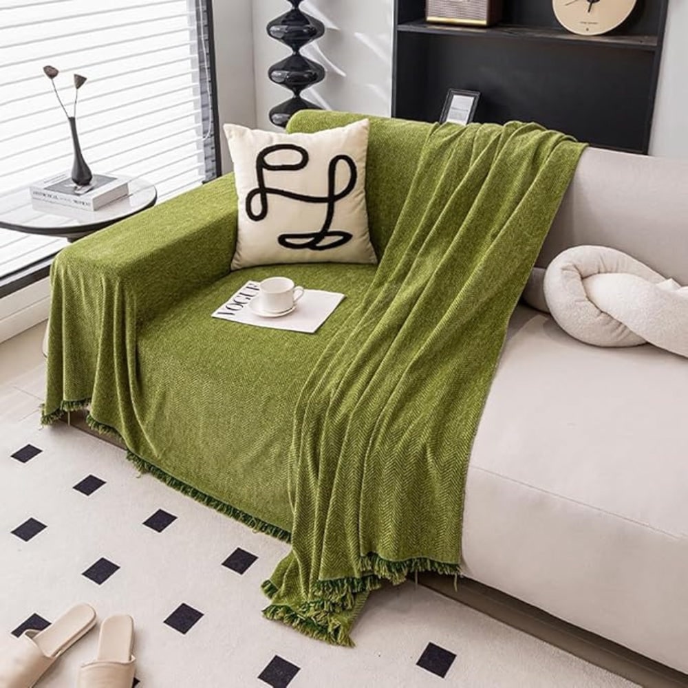 Sofa Couch Cover Throw with Woven Herringbone Chenille and Fringe