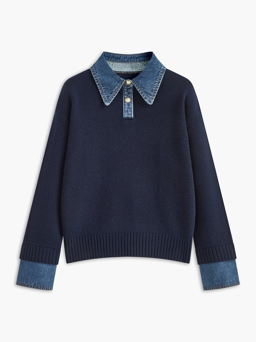 Eloise | Women's Knit Sweater Denim Collar Long Sleeve