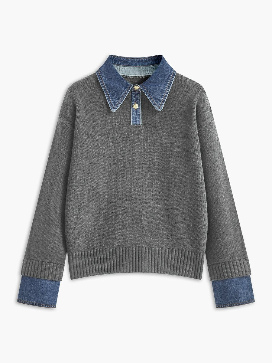 Eloise | Women's Knit Sweater Denim Collar Long Sleeve