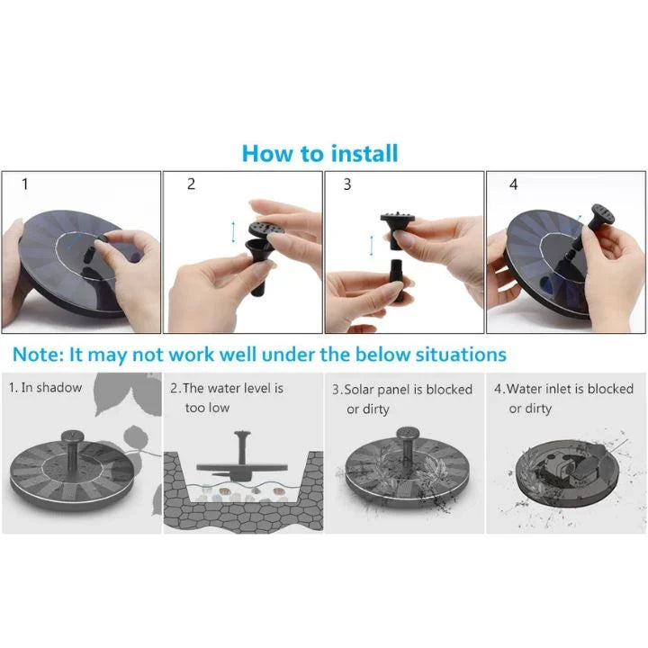 Solar Fountain | Self-Starting & Interchangeable Nozzles | 45 cm Spray Height