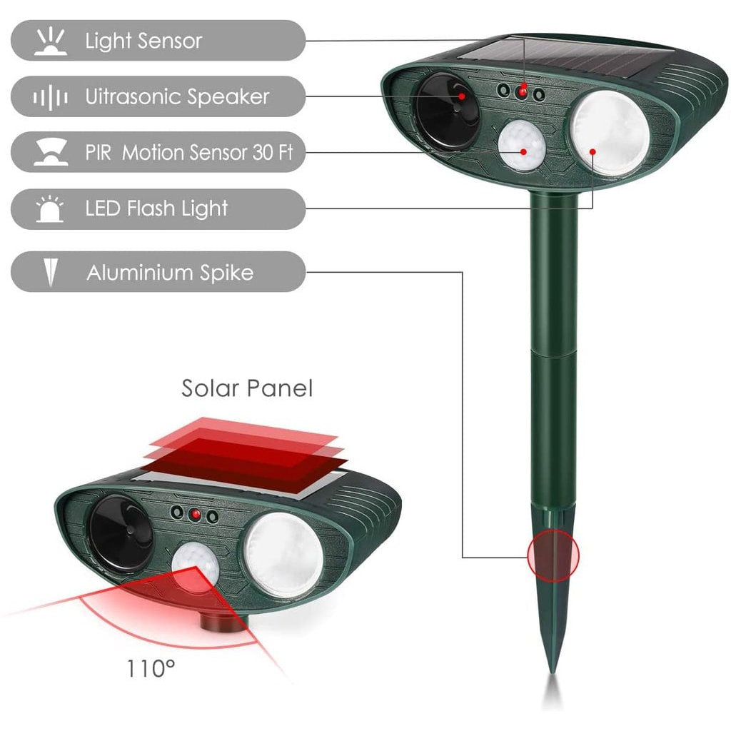 Solar Powered Ultrasonic Pest Repeller with Motion Sensor and Flashing LED Light