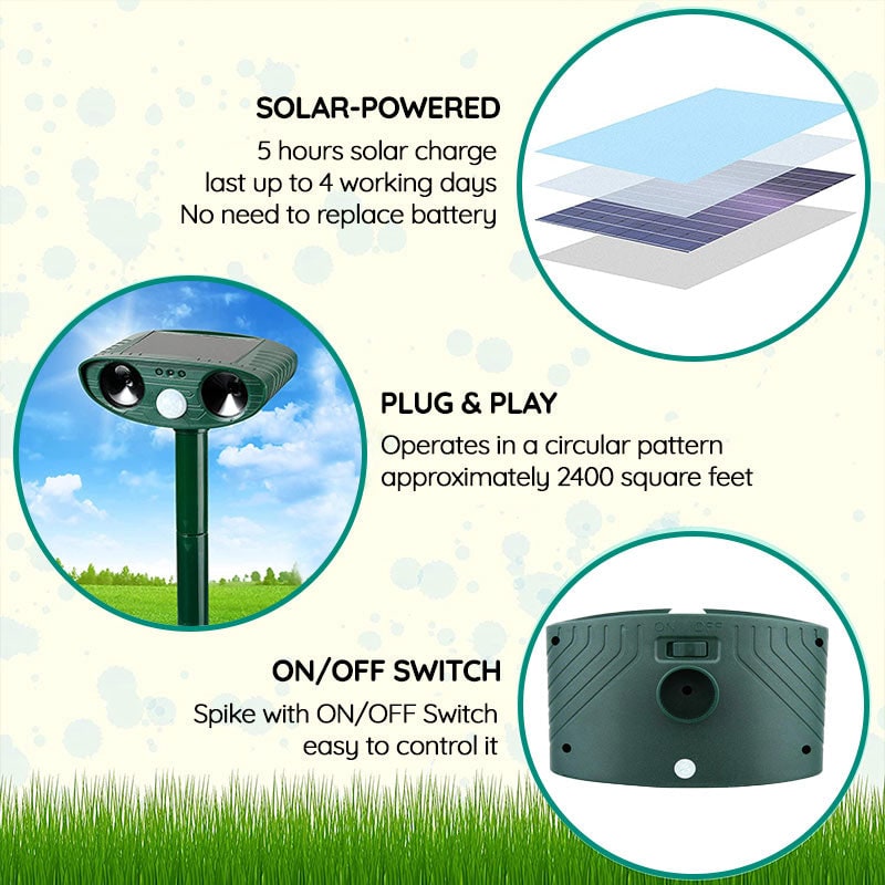 Solar Powered Ultrasonic Pest Repeller with Motion Sensor and Flashing LED Light