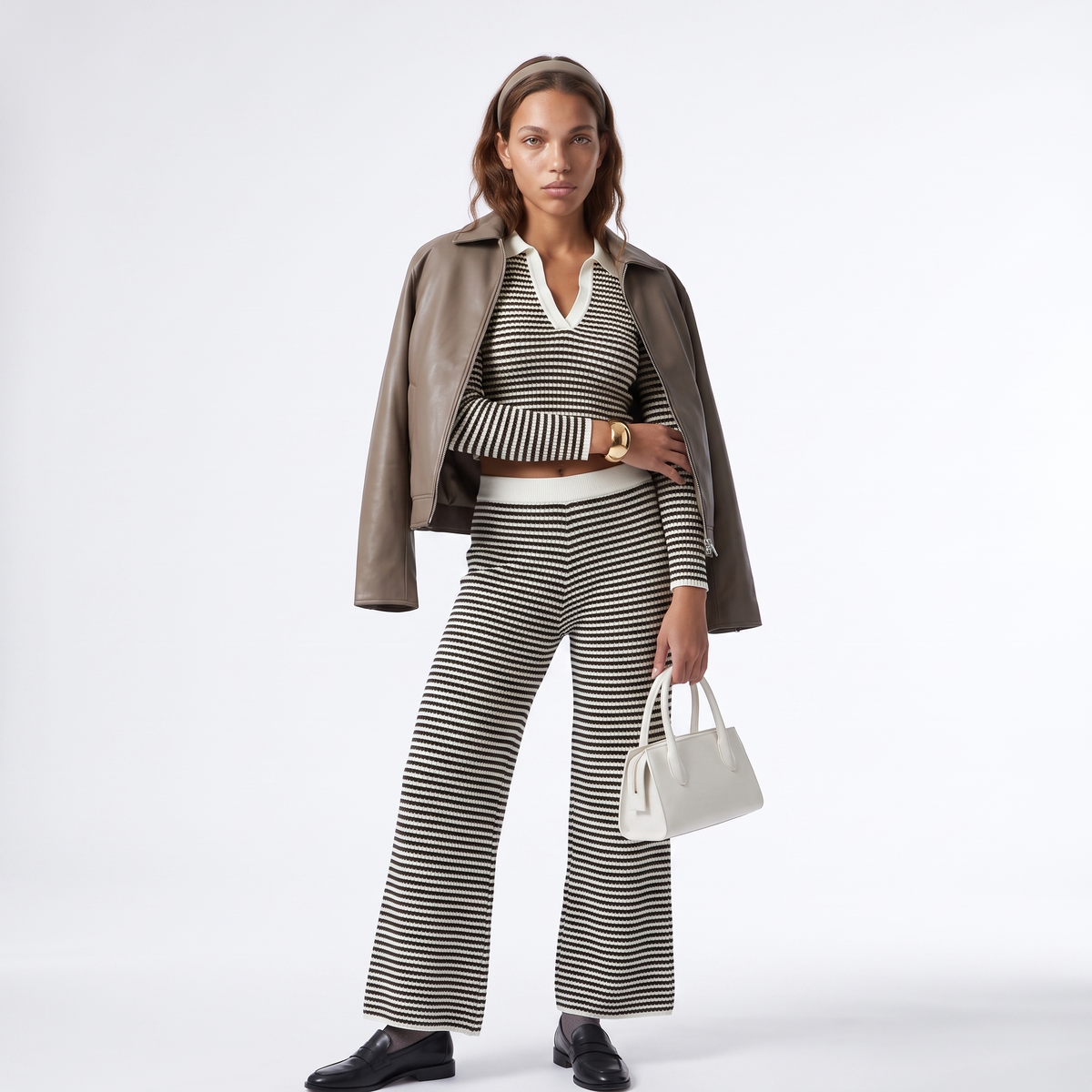 Women's Striped Knitted Top & Wide-Leg Trousers Set