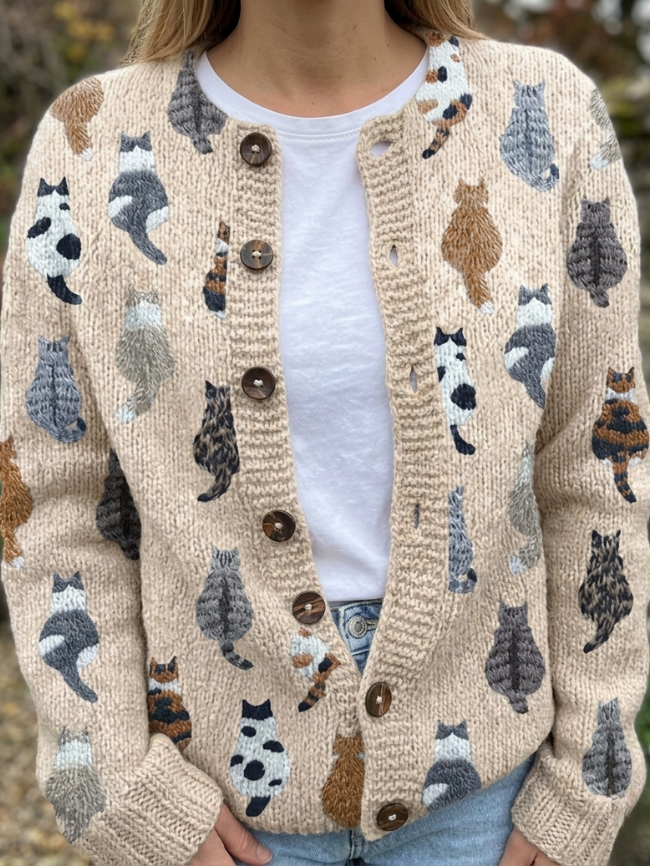 Myra | Cat Print Button-Front Cardigan