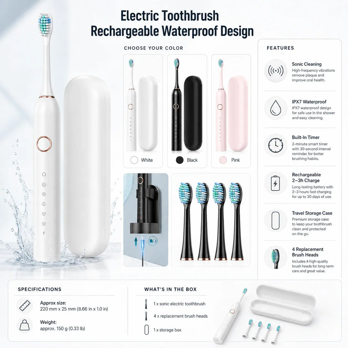 Sonic Electric Toothbrush | Rechargeable & Waterproof | With Brush Heads & Storage Box