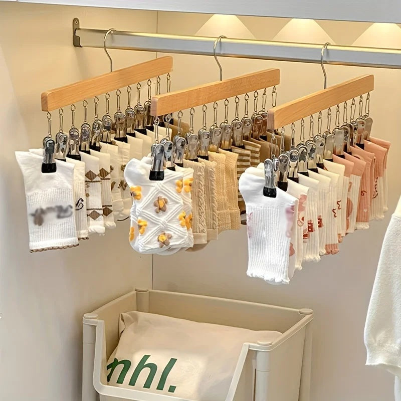 Space-Saving Wooden Multi-Clip Clothes Hanger with 12 Clips