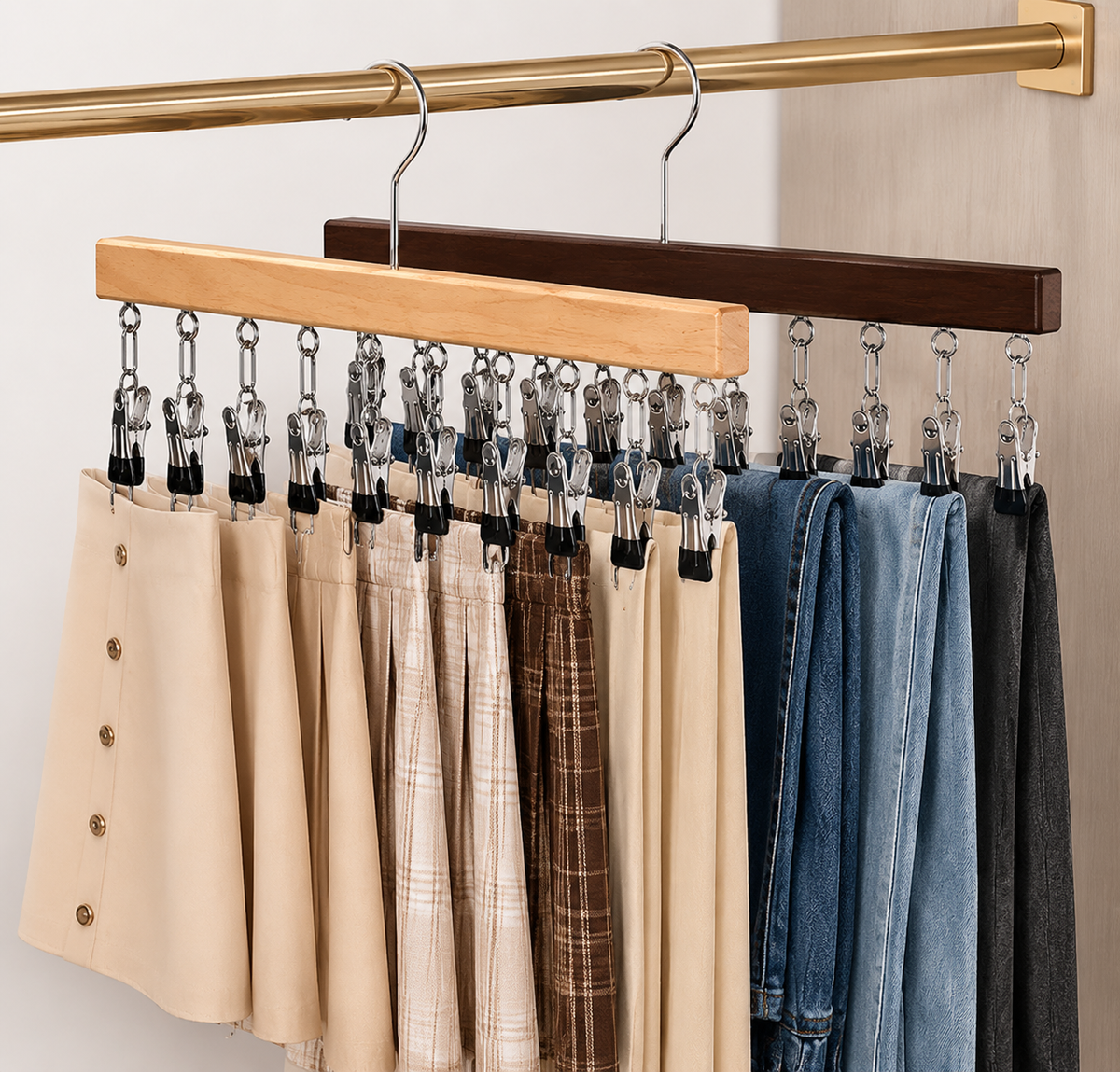 Space-Saving Wooden Multi-Clip Clothes Hanger with 12 Clips