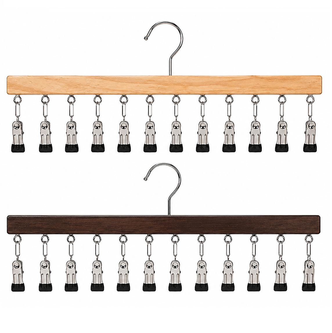 Space-Saving Wooden Multi-Clip Clothes Hanger with 12 Clips