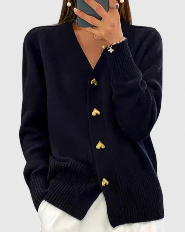 Saffron | Cashmere-Feel V-Neck Heart Button Detail Cardigan