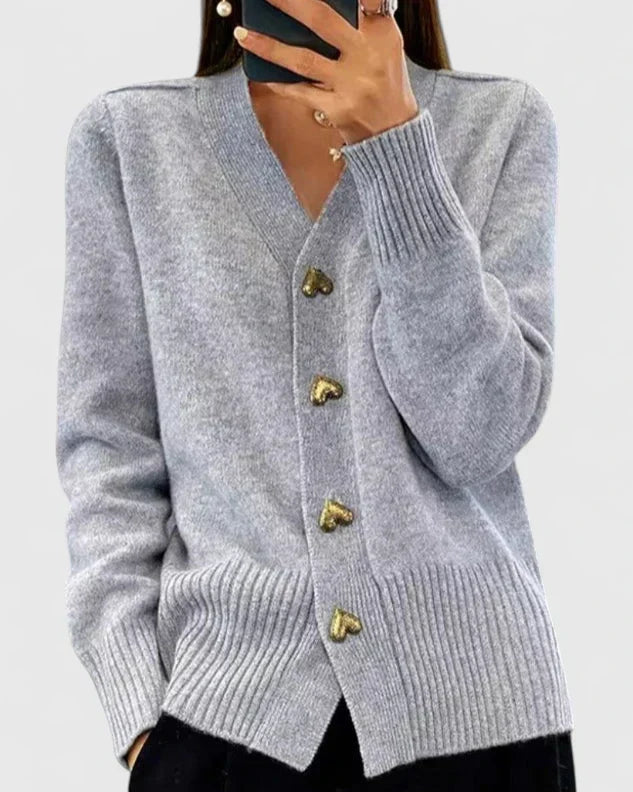 Saffron | Cashmere-Feel V-Neck Heart Button Detail Cardigan
