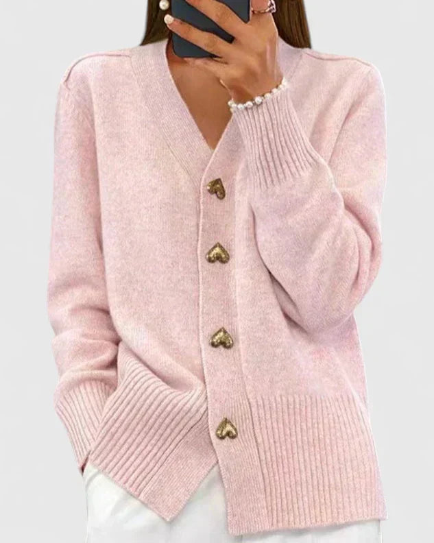 Saffron | Cashmere-Feel V-Neck Heart Button Detail Cardigan