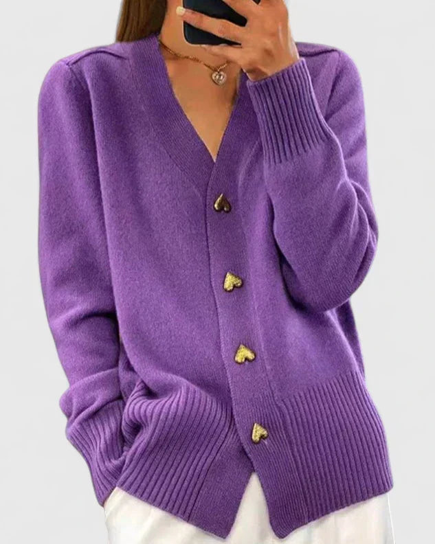 Saffron | Cashmere-Feel V-Neck Heart Button Detail Cardigan