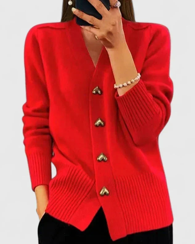 Saffron | Cashmere-Feel V-Neck Heart Button Detail Cardigan