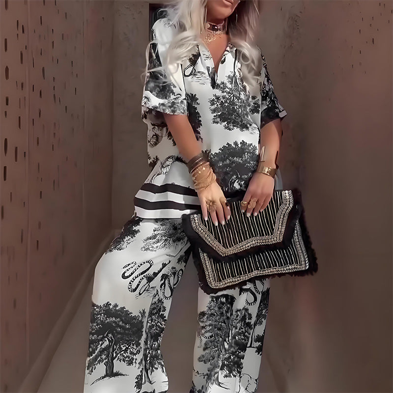 Women's Printed Two-Piece Summer Trouser Set – Relaxed V Neck Short Sleeve Top and Wide Leg Trousers for Elegant Holiday Wear