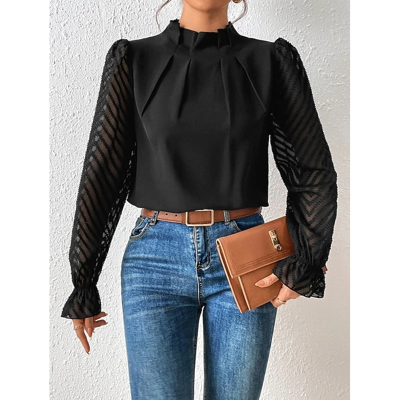 Women's High-Neck Blouse with Textured Sleeves