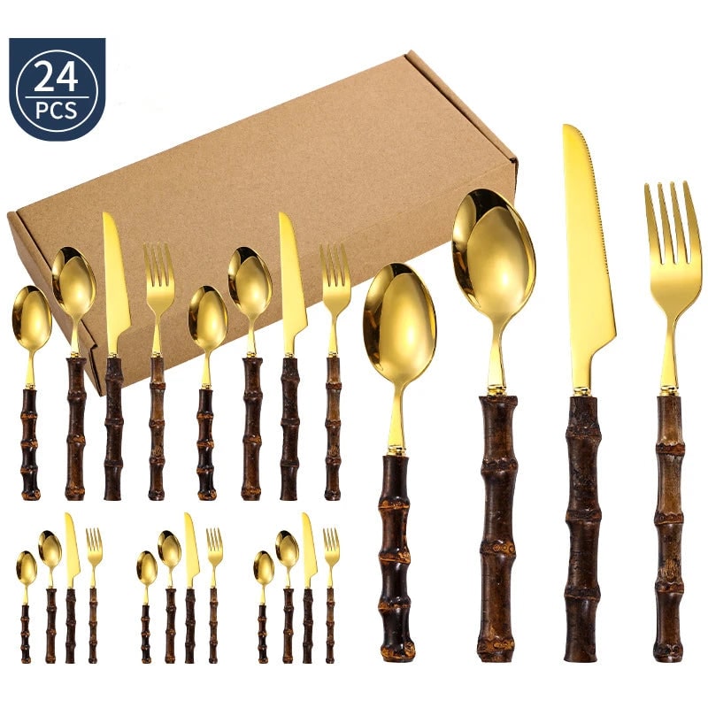 Stainless Steel Flatware Set with Bamboo Handles 24-Piece Cutlery for 6