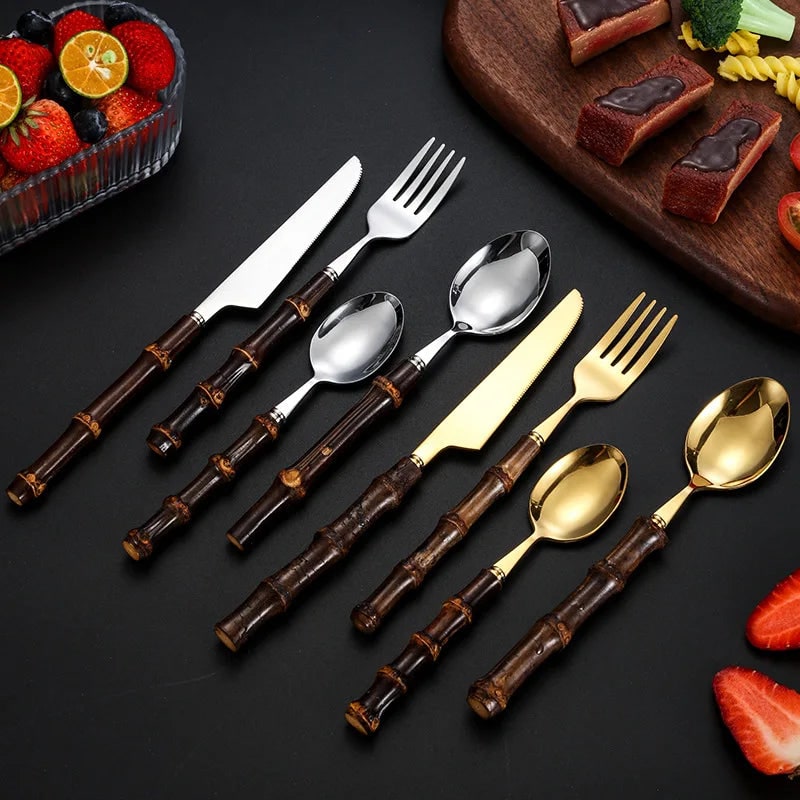 Stainless Steel Flatware Set with Bamboo Handles 24-Piece Cutlery for 6