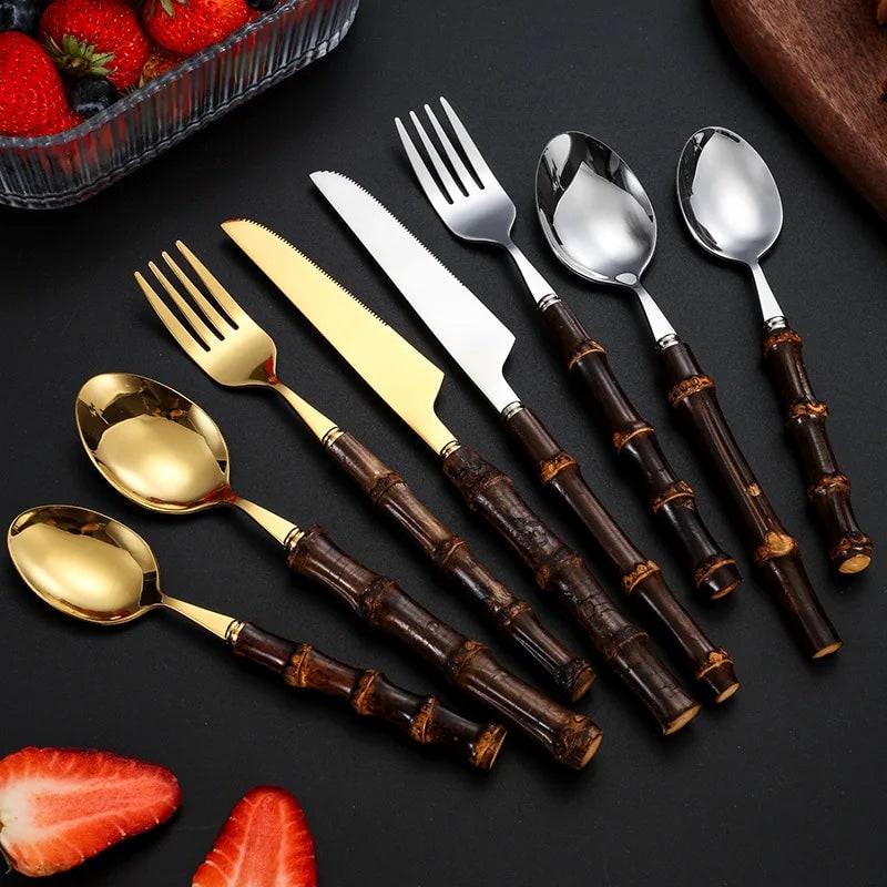 Stainless Steel Flatware Set with Bamboo Handles 24-Piece Cutlery for 6