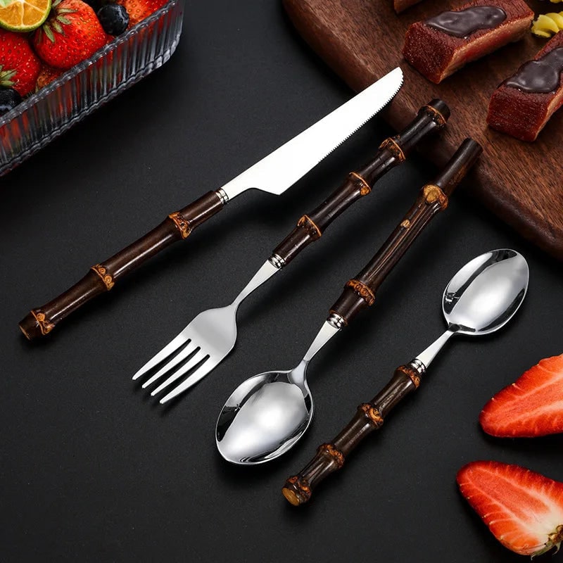 Stainless Steel Flatware Set with Bamboo Handles 24-Piece Cutlery for 6