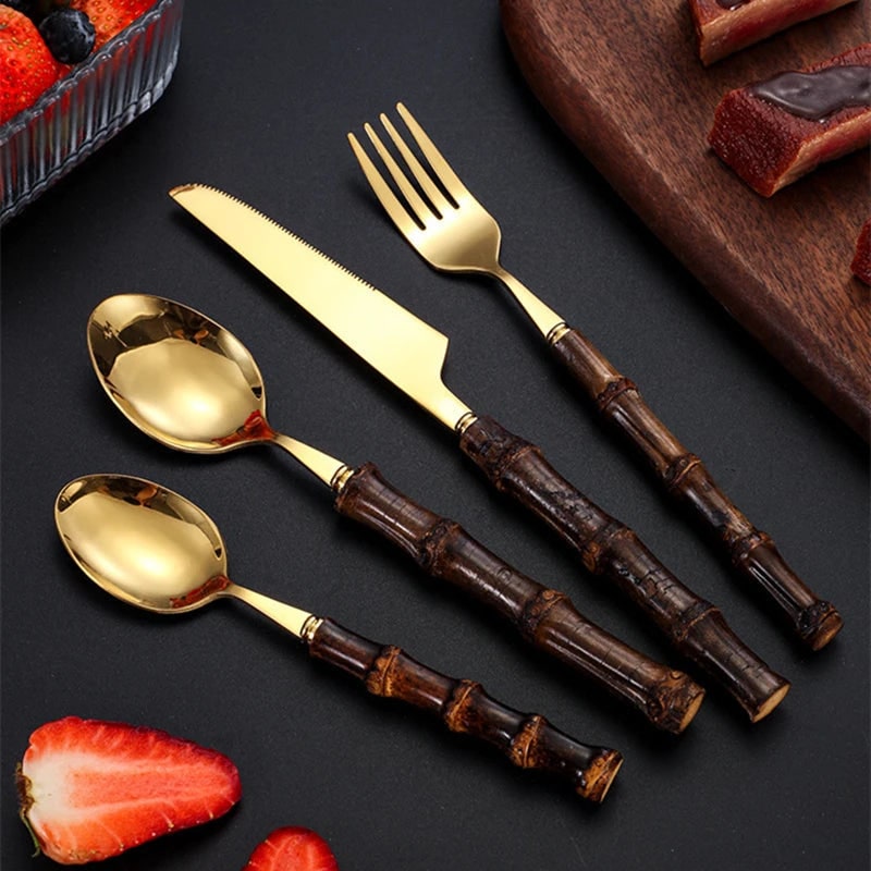 Stainless Steel Flatware Set with Bamboo Handles 24-Piece Cutlery for 6