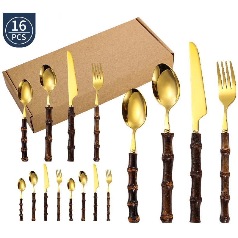Stainless Steel Flatware Set with Bamboo Handles 24-Piece Cutlery for 6