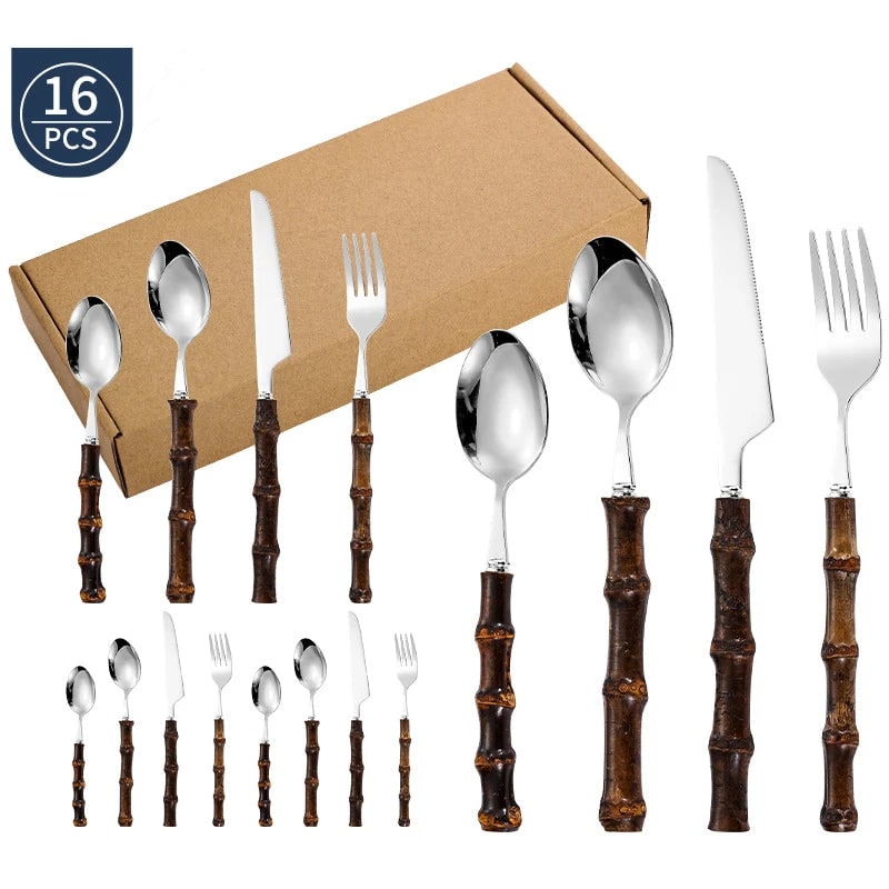 Stainless Steel Flatware Set with Bamboo Handles 24-Piece Cutlery for 6