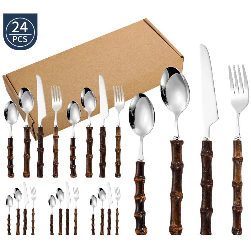 Stainless Steel Flatware Set with Bamboo Handles 24-Piece Cutlery for 6