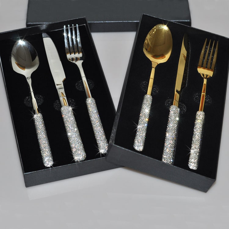Stainless Steel Flatware Set with Rhinestone Handles and Gold Silver Options 20 Piece