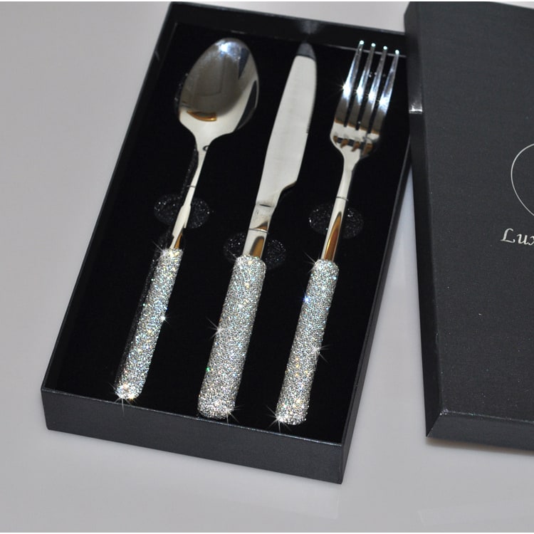 Stainless Steel Flatware Set with Rhinestone Handles and Gold Silver Options 20 Piece
