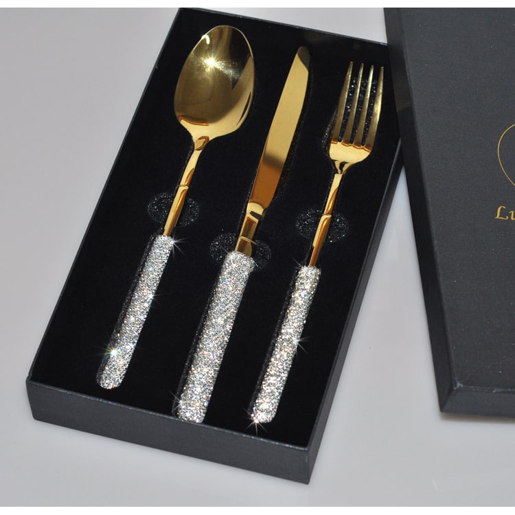 Stainless Steel Flatware Set with Rhinestone Handles and Gold Silver Options 20 Piece