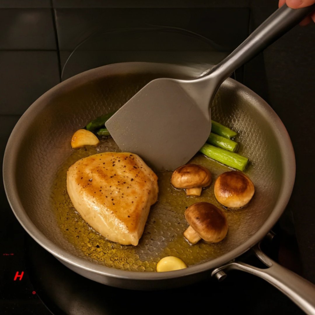 Stainless Steel Frying Pan with Hammered Surface and Induction Base