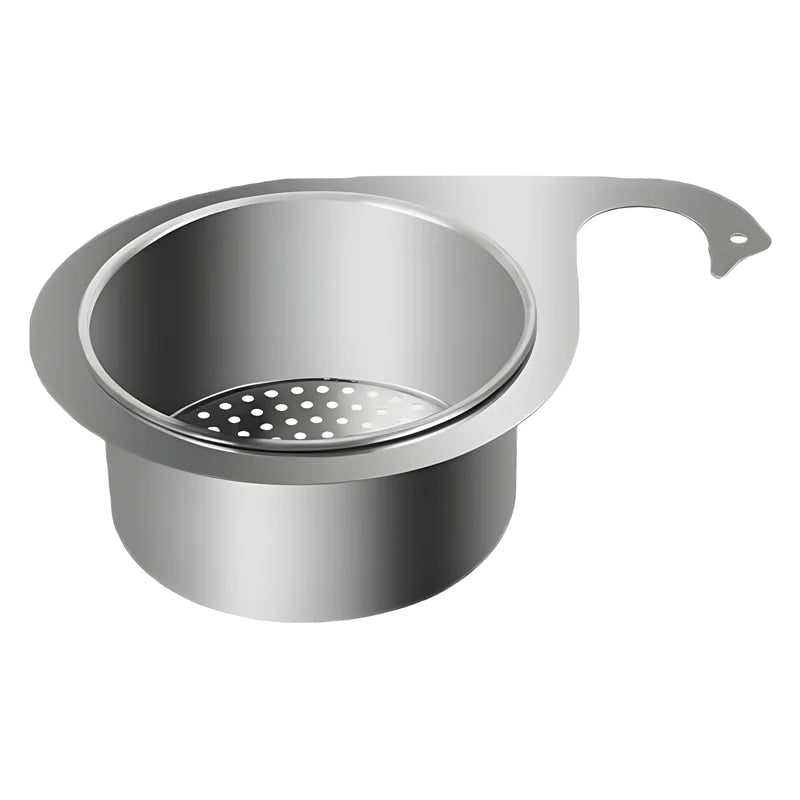 Stainless Steel Sink Strainer Basket with Kitchen Faucet Hook and Corner Drain Perforations