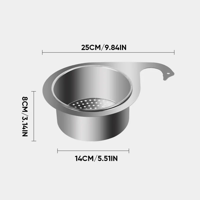 Stainless Steel Sink Strainer Basket with Kitchen Faucet Hook and Corner Drain Perforations