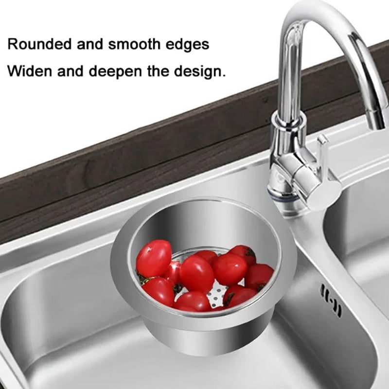 Stainless Steel Sink Strainer Basket with Kitchen Faucet Hook and Corner Drain Perforations