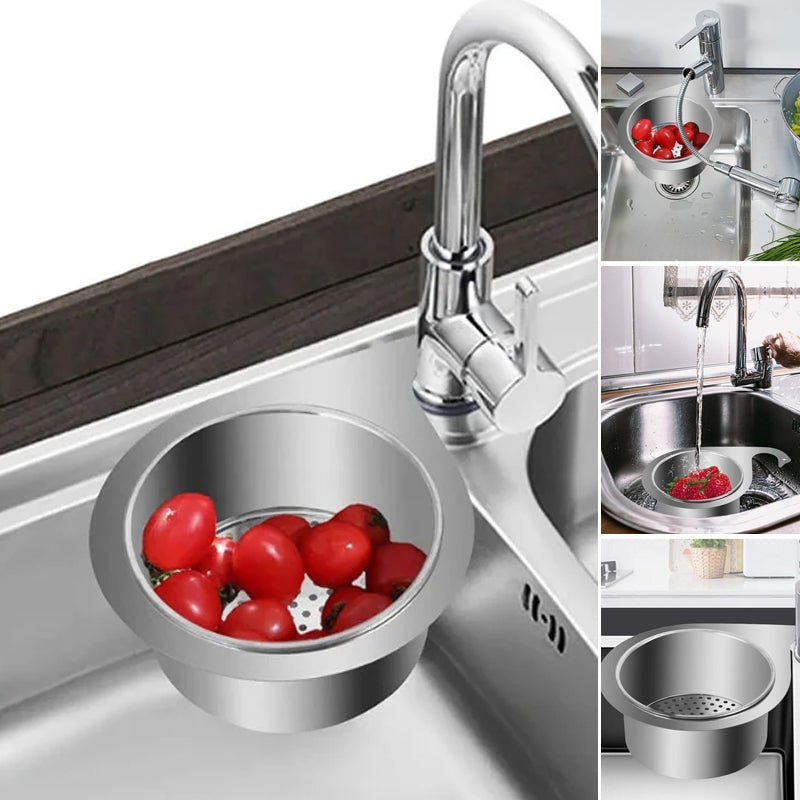 Stainless Steel Sink Strainer Basket with Kitchen Faucet Hook and Corner Drain Perforations