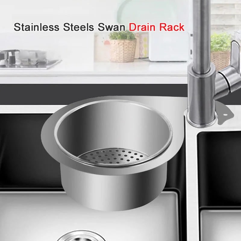 Stainless Steel Sink Strainer Basket with Kitchen Faucet Hook and Corner Drain Perforations