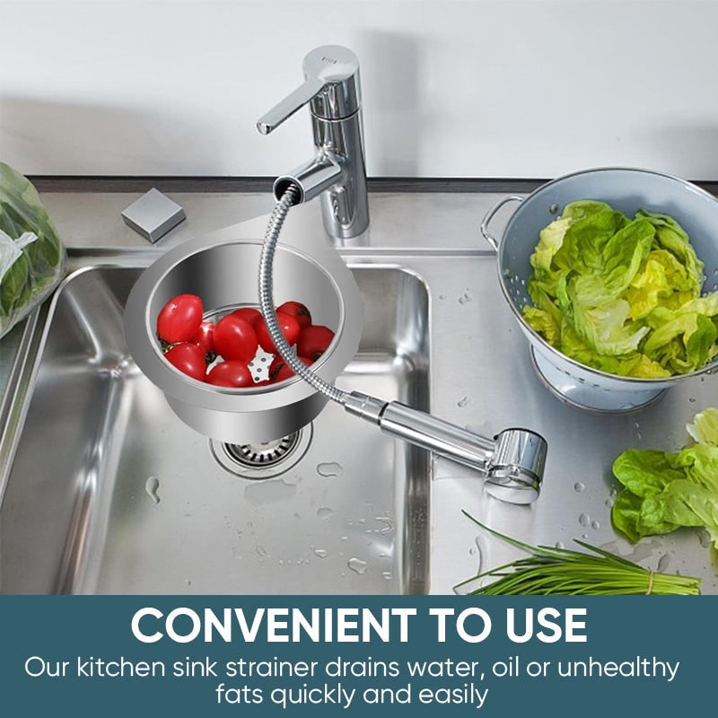 Stainless Steel Sink Strainer Basket with Kitchen Faucet Hook and Corner Drain Perforations
