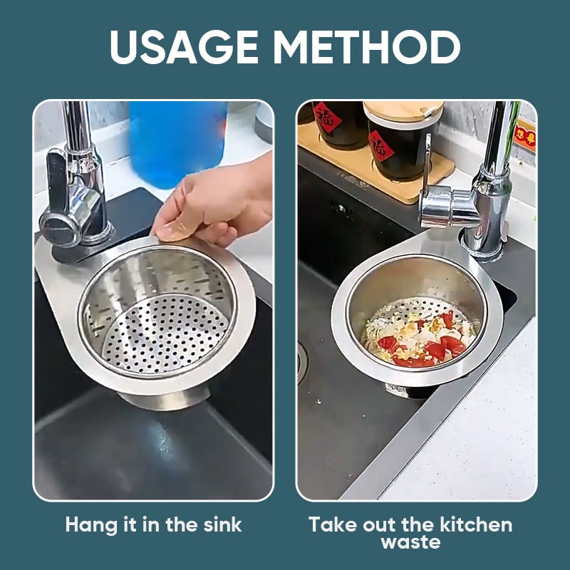 Stainless Steel Sink Strainer Basket with Kitchen Faucet Hook and Corner Drain Perforations