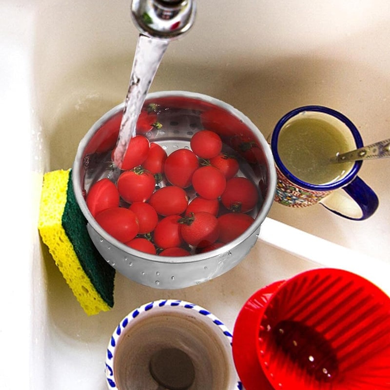 Stainless Steel Sink Strainer Basket with Kitchen Faucet Hook and Corner Drain Perforations