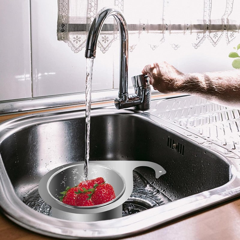 Stainless Steel Sink Strainer Basket with Kitchen Faucet Hook and Corner Drain Perforations