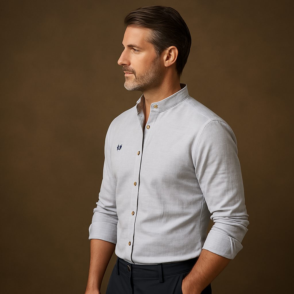 Stand Collar Long Sleeve Button-Down Shirt for Men
