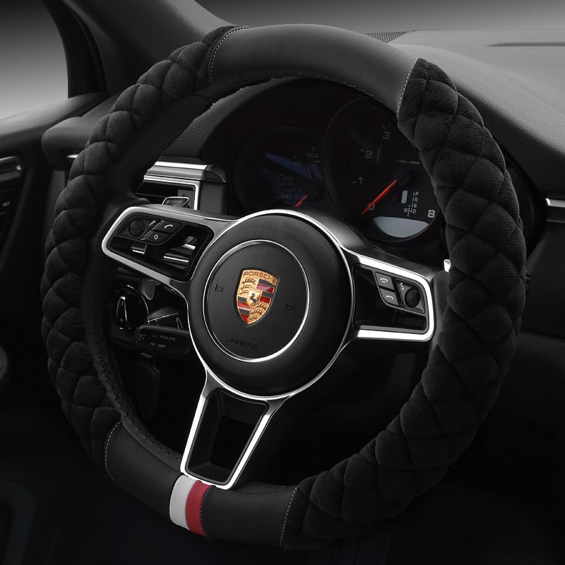 Steering Wheel Cover with Quilted Plush Faux Leather and Diamond Pattern