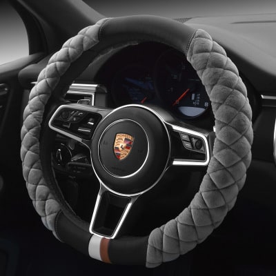 Steering Wheel Cover with Quilted Plush Faux Leather and Diamond Pattern